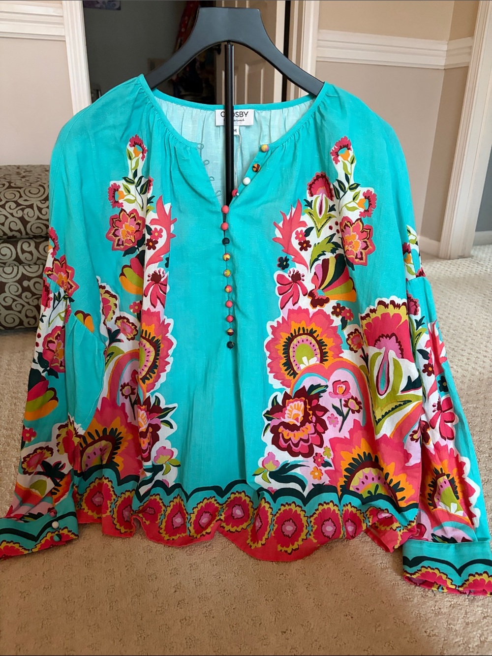CROSBY by Mollie Burch Teal Floral Button-Front Blouse